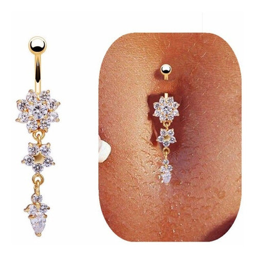 Piercing De Umbigo Pendurado Dourado Ou Prata Flor Zirconia