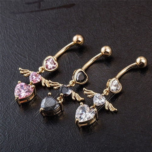 Piercing De Umbigo Dourado Zirconia Coração Pendurado Ouro