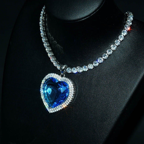 Colar Pedra Zirconia Coração Grande Titanic Verde Azul Luxo