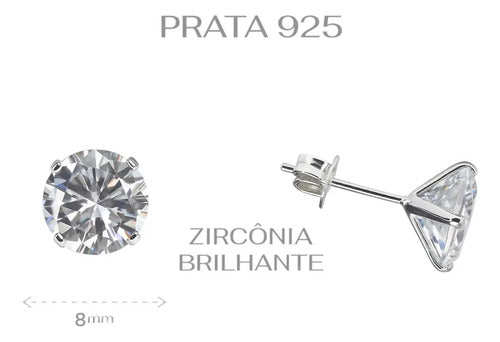 Brinco Ponto De Luz Brilhante Prata 925 Zircônia Grande 8mm Prateado