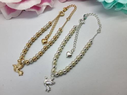 Pulseira Perola E Pingente Pombinha Da Paz F. Ouro Semi Joia
