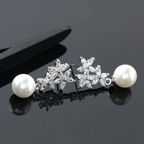 Brinco Noiva Zirconia E Pérola Prata Delicado Luxo