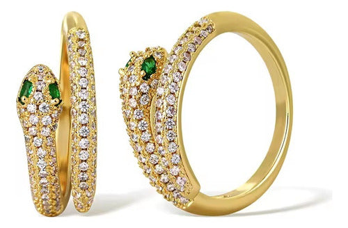 Anel Pedra Zirconia Festa Dourado Ajustável Folheado Cobra