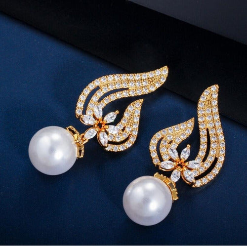 Brinco Noiva Zirconia Perola Pendurado Dourado Rosê Festa