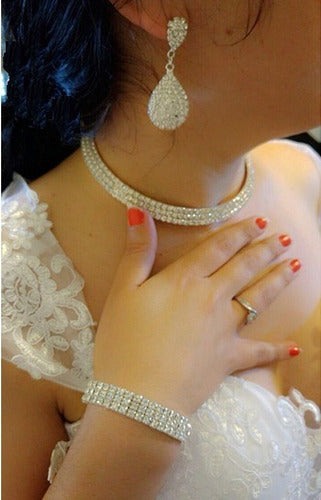 Conjunto Colar Chocker Pulseira Brinco Anel Noiva Strass