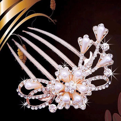 Arranjo Enfeite Cabelo Noiva Dama Dourado Strass Perola Ouro
