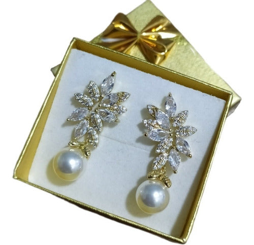 Brinco Noiva Zirconia Perola Pendurado Dourado Rosê Festa