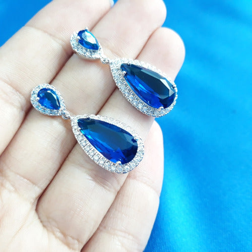 Brinco Pedra Zirconia Prata Festa Gota Azul Debutante Madrin