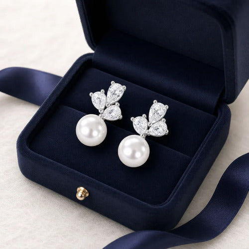 Brinco Zirconia Dama Daminha Banhado Rodio Perola Pequeno Prateado