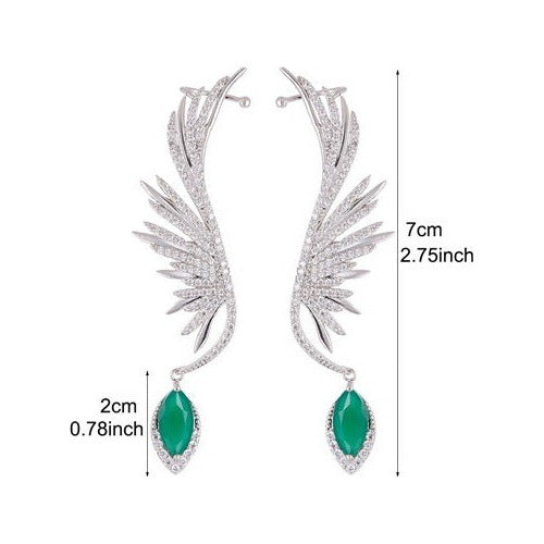 Brinco Ear Cuff Noiva Pedra Zirconia Prata Festa Verde Asas