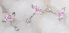 Piercing De Umbigo Invertido Prata Zirconia Coração Rosa Rox