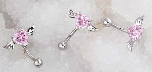 Piercing De Umbigo Invertido Prata Zirconia Coração Rosa Rox