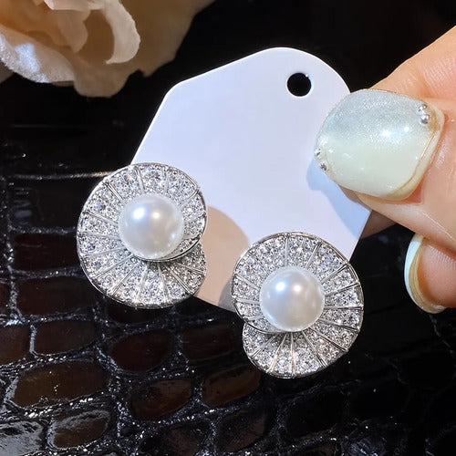 Brinco Pérola Redondo Zirconia Noiva Prata Fixo Caracol Prateado
