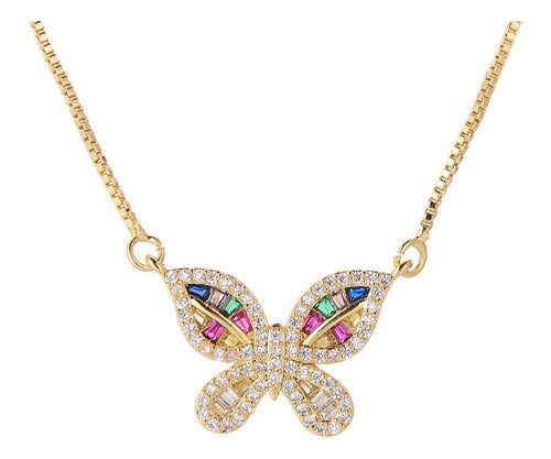 Colar Borboleta Pedra Zirconia Colorido Dourado F. Ouro 18k