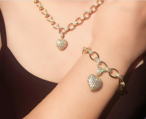 Pulseira Bracelete F. Ouro 18k Com Zircônia Pingente Coração
