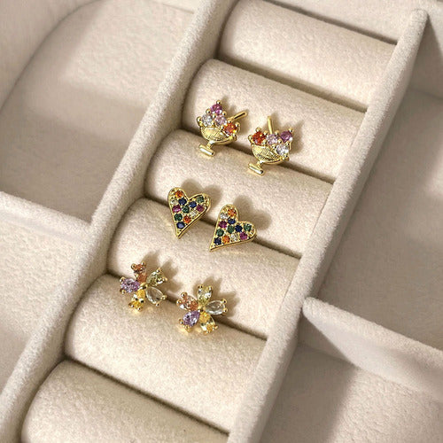 Brinco Flor Zirconia Pequeno Dourado Prata Colorido F. Ouro