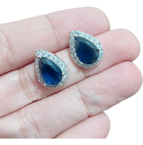 Brinco Pedra Zirconia Prata Gota Debutante Azul Claro Festa