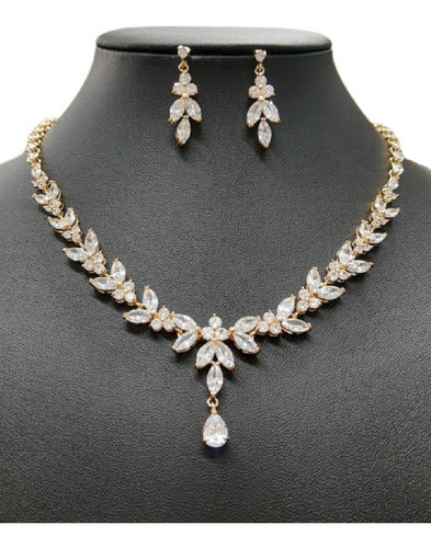 Colar E Brinco Noiva Zircônia Dourado Festa Debutante Luxo