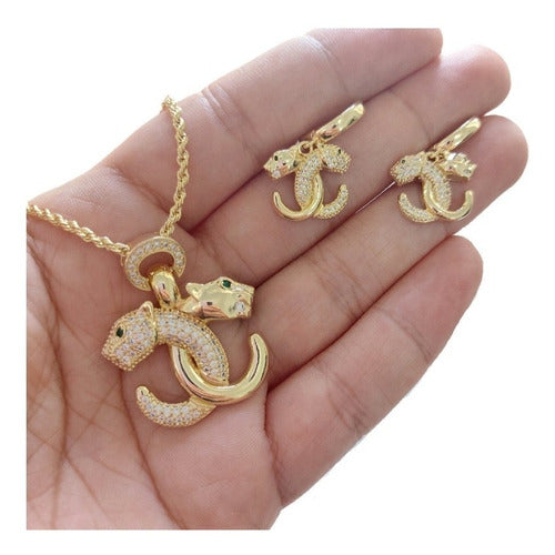 Conjunto Colar Brinco Leopardo Cravejado Dourado Zirconia