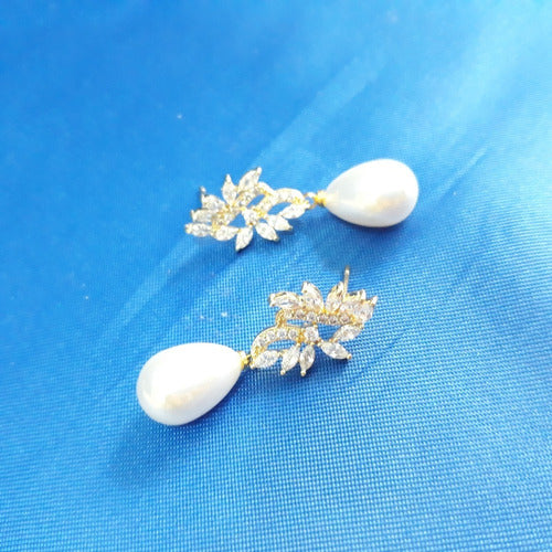 Brinco Pérola E Zirconia Noiva Pequeno Delicado Dourado Gota