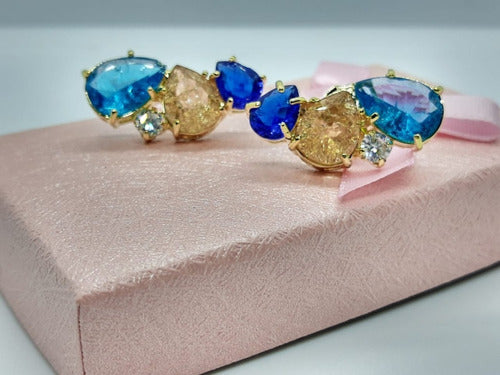 Brinco Ear Cuff Pedra Colorido Zirconia Fusion Dourado Festa