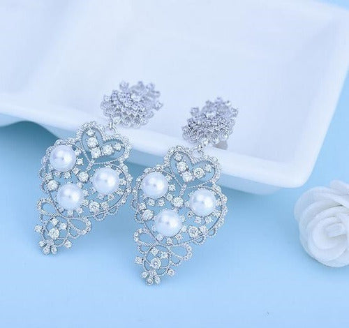 Brinco Noiva Zirconia Perola Pendurado Prata Delicado Festa