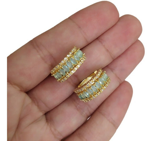 Brinco Argola Pedra Zirconia Verde Dourado Folheado Ouro 18k
