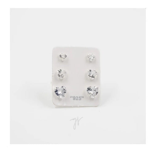 Trio Brinco Pedra Zirconia Coração Prata 925 3 4 5 Mm