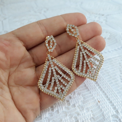 Brinco De Strass Noiva Dourado Pendurado Festa Debutante