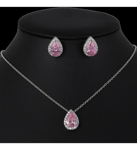 Conjunto Colar Brinco Noiva Pedra Zirconia Prata Dourad Gota