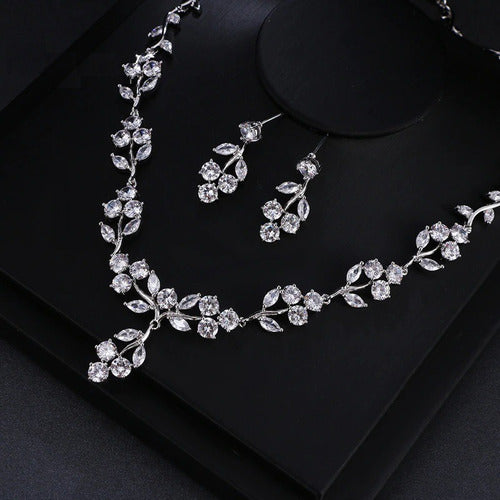 Colar E Brinco Noiva Zircônia Prata Festa Debutante Folhas