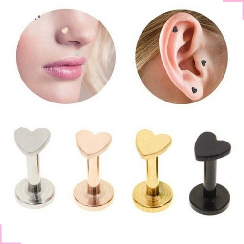Piercing Tragus Labret Cartilagem Mini Coracao 4 Mm Aco cirurgico prata preto dourado rose gold