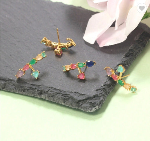 Brinco Ear Cuff  Pedra Zirconia Rodio Prata Colorido Pequeno