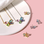 Colar Brinco Borboleta Pedra Zirconia Colorido Banhado Ouro
