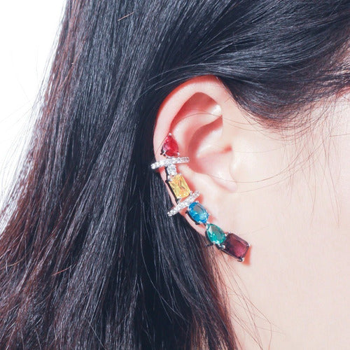 Par De Brinco Ear Cuff Zirconia Colorido Prata Rodio Festa