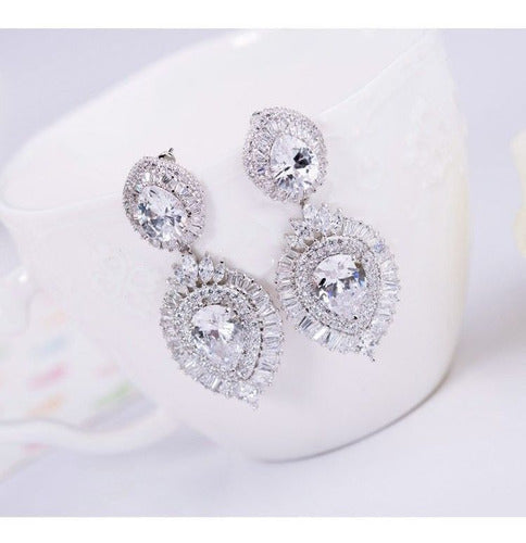 Brinco Noiva Pedra Zirconia Prata Debutante Pendurado Gota