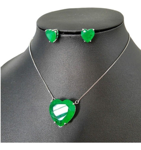 Conjunto Colar E Brinco Coração Pedra Zirconia Fusion Verde