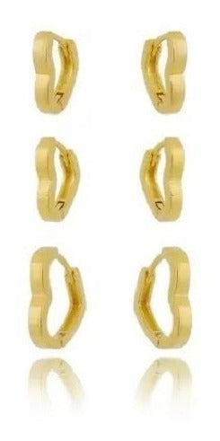Trio Brinco Argola Coração Dourado Folheado A Ouro 18k