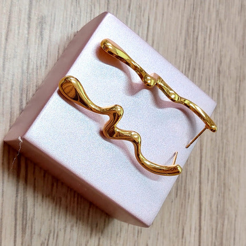 Brinco Aço Inox Derretido Irregular Moda Folheado Ouro 18k