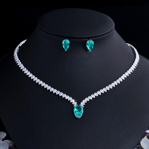 Conjunto Colar Chocker Riviera Gota E Brinco Zircônia Verde
