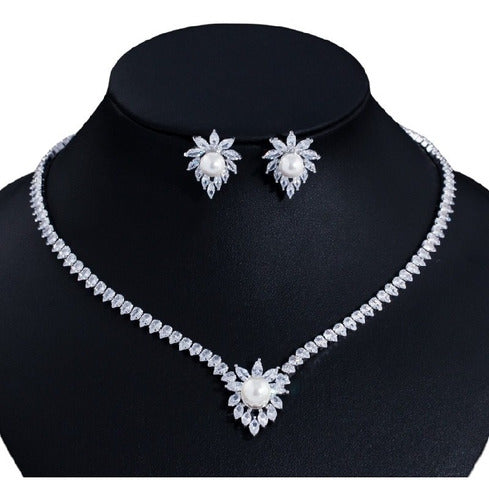 Colar Chocker Riviera Gota E Brinco Zircônia E Pérola Noiva