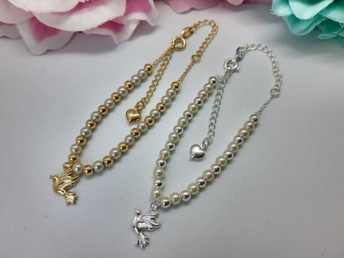 Pulseira Perola E Pingente Pombinha Da Paz F. Ouro Semi Joia