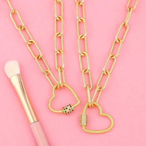Colar Coração Mosquetão Moda Dourado Pedra Zirconia