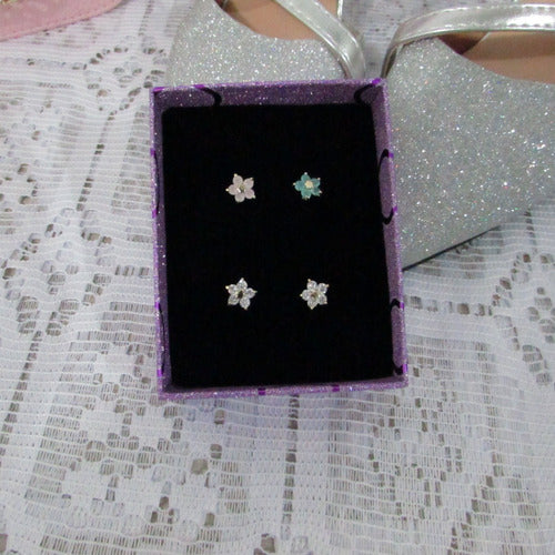 Brinco Flor Zirconia Pequeno Dourado Prata Rosa Verde F Ouro