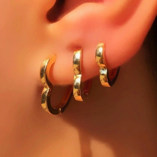 Trio Brinco Argola Coração Dourado Folheado A Ouro 18k