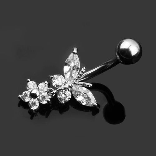 Piercing De Umbigo Prata Pendurado Pedra Borboleta Flor
