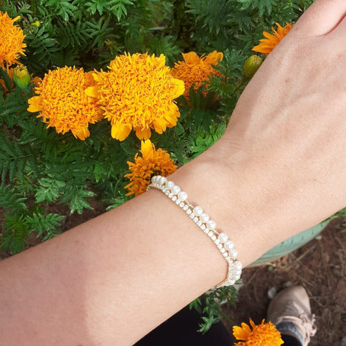 Pulseira Bracelete Dourada Zircônia E Pérola Noiva Debutante