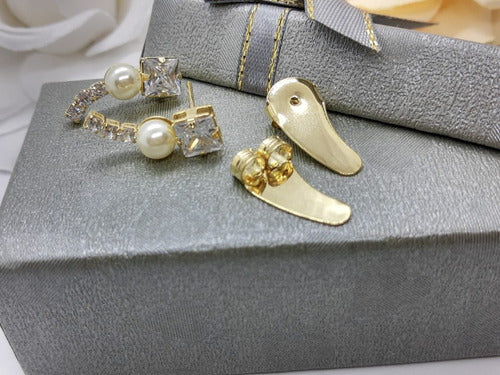 Brinco Ear Cuff Festa Noiva Pedra Zirconia E Perola Dourado