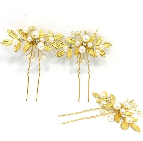 Arranjo Enfeite Dourado Cabelo Noiva Perola Dama Debutante