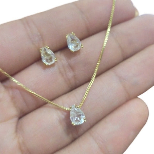 Conjunto Colar Brinco Dama Daminha Gota Pedra Zirconia Luxo